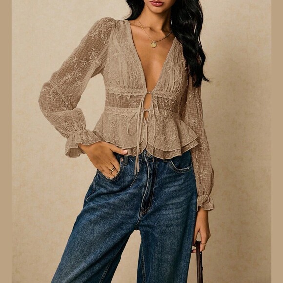 Tops - Tan Lace Semi-Sheer Tie-Front Peplum Blouse with Ruffle Cuffs